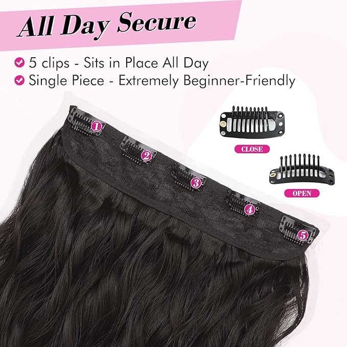 REECHO Clip in Hair Extensions, 20” One Piece Hair Extension Clip in Wefts Long Thick Beach Wavy Natural Soft Synthetic Hairpieces for Women, Black Brown