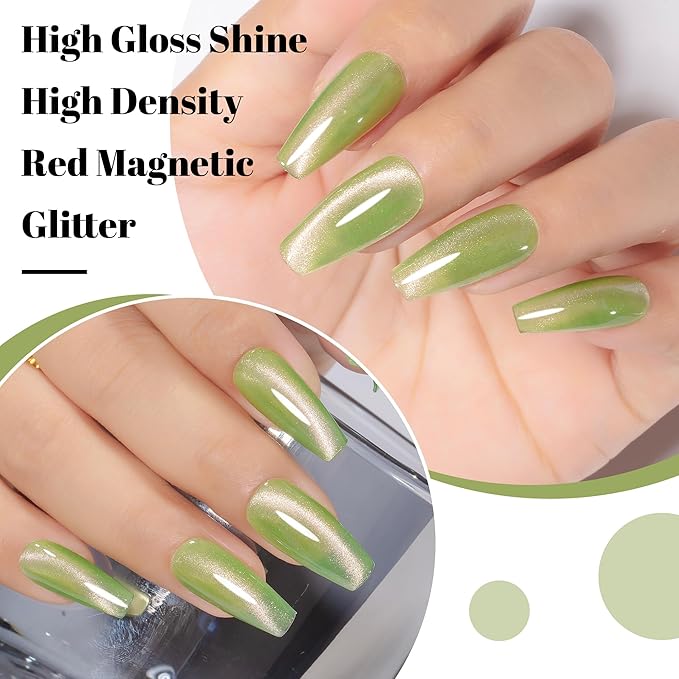 YTD Likomey Cat Eye Gel Nail Polish,Crystal 15ml Guava Green Pink Magnetic Shimmer Shimmer Glitter Jelly Shiny Salon Home Fall Winter UV Nail Varnish with Magnet Stick,HEMA Free TPO Free,MY516