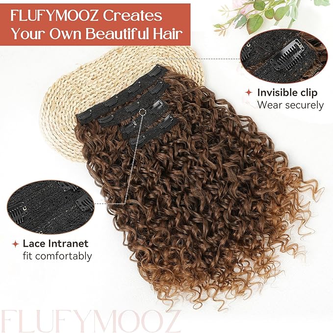FLUFYMOOZ Clip in Hair Extensions, 18'' 4PC 100％ Pure Protein Silk Curly Hair extension for Women Lace Weft Hairpiece Natural Soft and comfortable for Daily Use-Almond Brown with Cooper Red