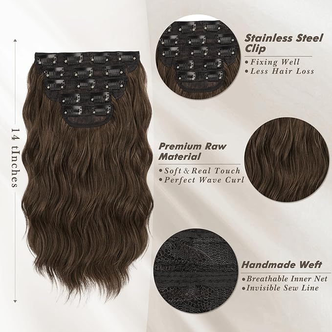 BARSDAR Short Wavy Clip in Hair Extensions - 14 Inch Brown Hair Extensions Clip in for Women - 5PCs Thick Soft Synthetic Loose Wavy Clip in Extensions Hairpieces – Brown