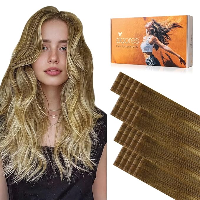DOORES Invisi Edge Tape in Hair Extensions Human Hair, Medium Brown Highlighted Dirty Blonde 10 Injection Tape-ins with 10 Injection Tape-ins 50g 20 Inch, Virgin Tape in Extensions