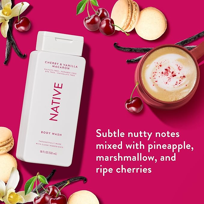 Native Body Wash Contains Naturally Derived Ingredients | For Women & Men, Sulfate, Paraben, & Dye Free Leaving Skin Soft and Hydrating | Cherry & Vanilla Macaron 18 oz