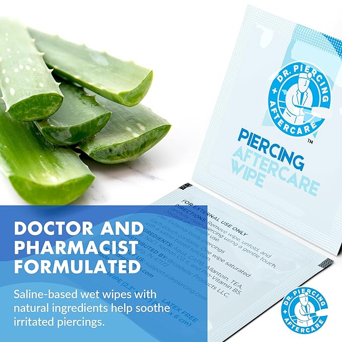 Dr. Piercing Aftercare Wipes – Piercing Aftercare | Saline Solution for Piercings - Keloid Bump Ear Piercing Cleaner – Ears Lips Belly Nose Piercing Bump - Piercing Hole Cleaner (50 Count)