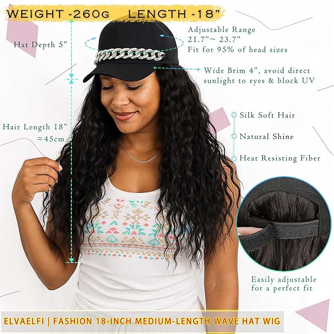 18-Inch Long Black Wig Hat, Synthetic Wavy Curly Wigs, Baseball Cap with Hair Extensions for Women