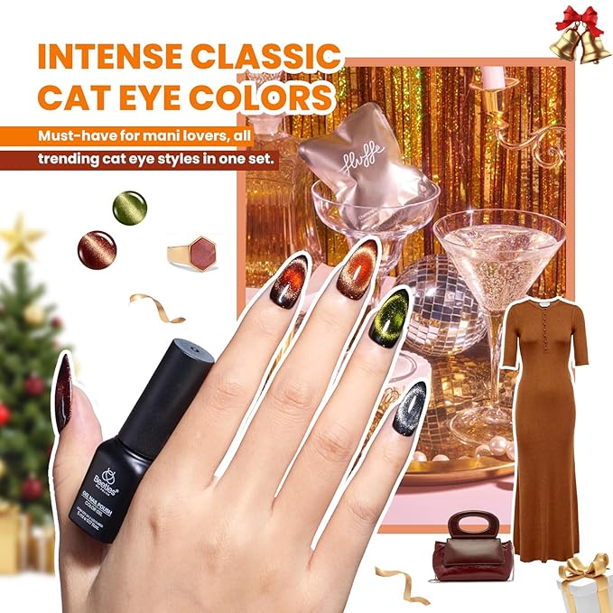 Beetles Cat Eye Gel Nail Polish Set - 20 Colors Christmas Glitter Red Green Blue Brown Black Cat Eye Magnetic Base Matte Glossy Top Coat Galaxy Gemlight Soak Off UV Manicure Salon Gift for Women