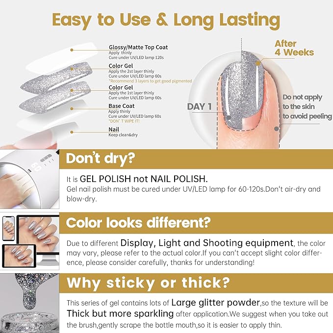 YTD Likomey Gel Nail Polish,15ml Colorful Silver Glitter Nail Gel,Fall Winter Shiny Sparkly Salon Home DIY Manicure UV Color Varnish,SF438