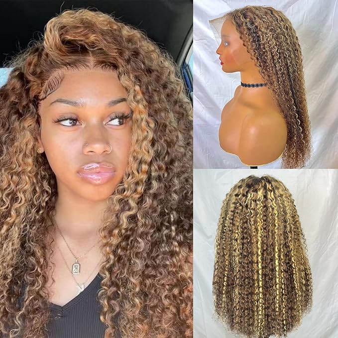 32 inch 200 Density Honey Blonde 13x6 Deep Wave HD Transparent Ombre Lace Front Wigs Human Hair Pre Plucked 4/27 Highlight Jerry Curly Wet And Wavy 100% Human Hair Wigs For Black Women With Baby Hair