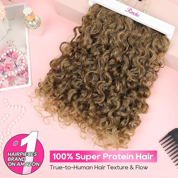 REECHO Curly Hair Extensions - 4PCS 18" GoGo Curly Clip in Hair Extensions 100% Super Protein Hairpieces with Invisible Lace Weft Silky Soft Natural Look for Women - Light Golden Brown with Light Ends