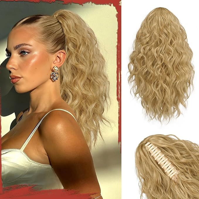 SOFEIYAN Ponytail Extension, 16 inch Claw Clip Ponytail Extension Wavy Curly Ponytails Synthetic Pony Tails Hair Extensions Natural Fake Hairpiece for Women - Pale Ash Blonde