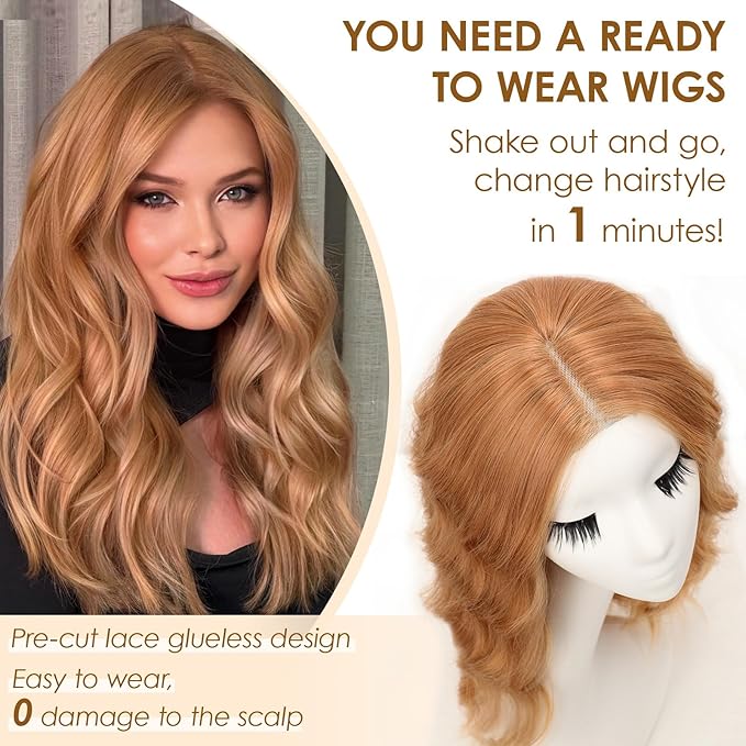 AISI HAIR Strawberry Blonde Wig for Women Medium Length Wave Curly Glueless Synthetic Heat Resistant Hair Wigs for Daily Party Cosplay