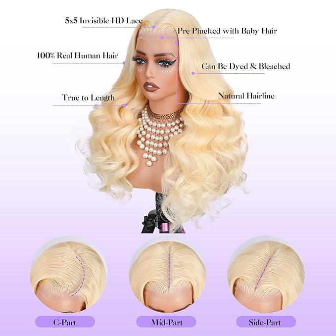 613 5x5 Lace Front Wig Human Hair Pre Plucked 250 Density 20 Inch Body Wave 100% Human Hair Blonde Lace Front Wig, No Synthetic Blend Tangle Free Shedding Free Triple Lifespan 3X