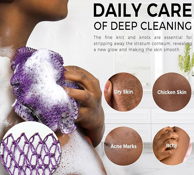Authentic African Net Sponge with Knots - 2 Pieces Exfoliating Body Sponge Purple & Green - Back Scrubber Shower Exfoliator for Women Personal Care - Shower Scrub for Body Wash Bathing Accessories