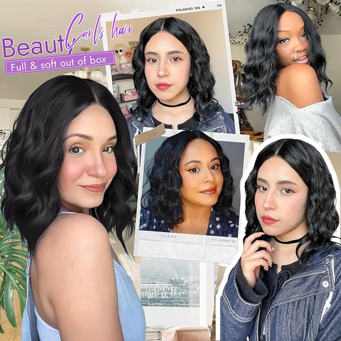 Black Short Wavy Wig for Women Lace Hairline Bob Style Synthetic Heat Resistant - Natural Appearance for Everyday Hairstyle 14 Inch