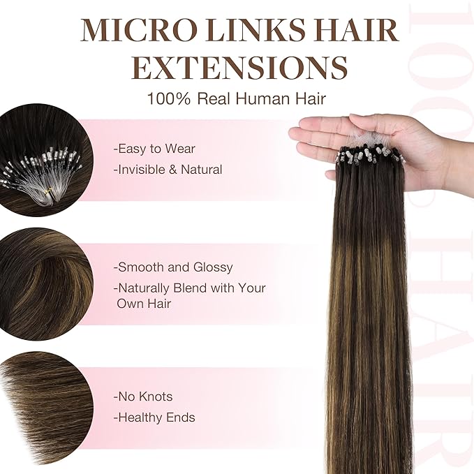 GOO GOO Micro Link Tip Hair Extensions, Real Human Hair, 14inch 50g 50S, Cold Fusion, Invisible Remy, 2/6/2 Balayage Dark Brown to Chestnut Brown