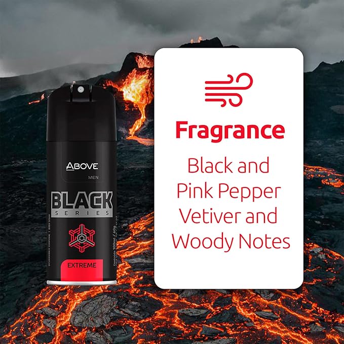 ABOVE Black Series Body Spray, Extreme, 4 pcs - Deodorant Spray - Woody Fragrance - Masks Perspiration Odors - Long-Lasting Dry Spray - Cruelty-Free