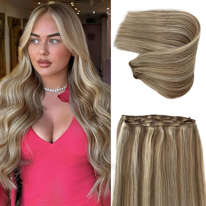 Sew in Hair Extensions Real Human Hair Brown and Blonde Human Hair Bundles Straight Silky Highlight Weft Hair Extensions Ash Brown with Blonde Wefts 14 Inch 80G