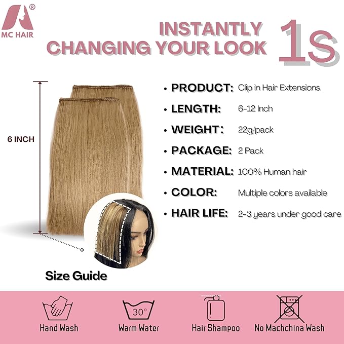 2 Pcs Short Clip in Hair Extensions, Human Hair Clip in Extensions for Women 6 inch Honey Blonde