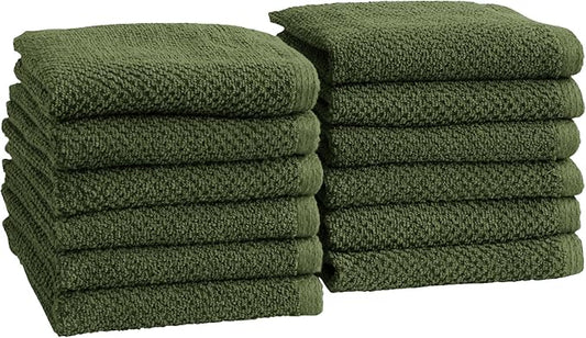 Great Bay Home 100% Cotton 12-Pack 13x13 Wash Cloth - Absorbent, Quick-Drying, Durable Face Towels for Bathroom Decor - Low-Twist, Two-Ply Fibers (Forest Green)