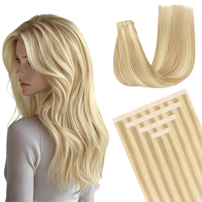DOORES Tape in Hair Extensions Human Hair, 10pcs 30g 24 Inch Drity Blonde Highlight Golden Blonde, Human Hair Extensions Natural Hair Extensions Seamless Straight