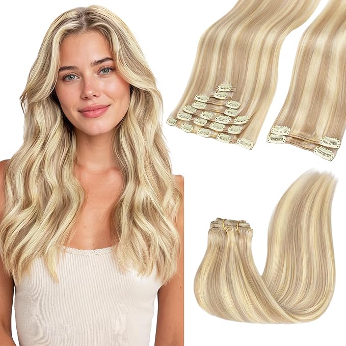 GOO GOO Clip in Hair Extensions Real Human Hair, Remy Human Hair Extensions Clip ins for Women, Natural Human Hair, 22inch 150g 9 Pcs, #18F/60A Balayage Light Wheat Platinum Blonde