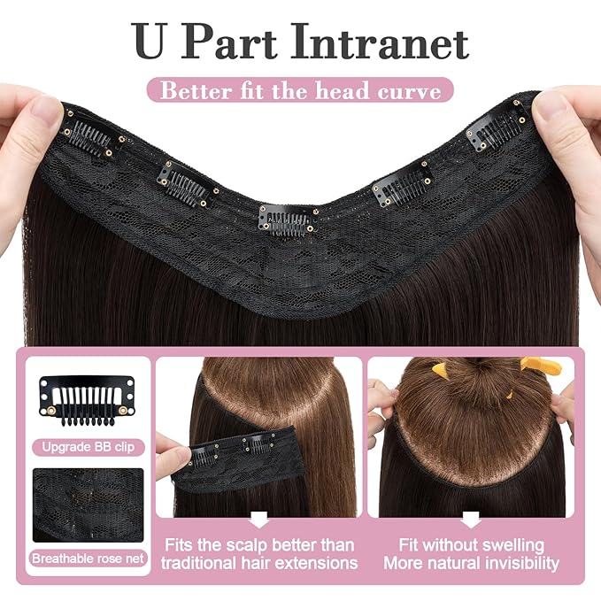 S-noilite One Piece Clip in Hair Extensions 18 Inch U-Shaped One Piece Hair Extensions Weft with 5 Clips Synthetic 3/4 Full Head Long Straight Dark Brown Thick Hairpieces for Women,#6/8