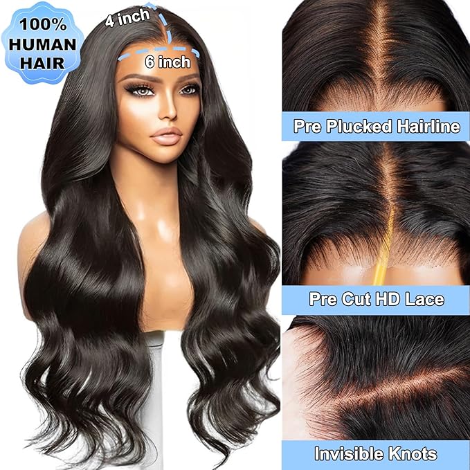 100% Human Hair, 6x4 Wear and Go Wig, [2-year life], 210% Density Body Wave Glueless Closure Wigs Human Hair Pre Plucked Pre Cut Middle Part, 26 Inch