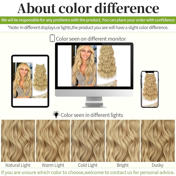 KooKaStyle Invisible Wire Hair Extensions with Transparent Wire Adjustable Size Long Wavy Synthetic Hairpiece 15/613#Golden Blonde 24 Inch with 4 Secure Clips for Women