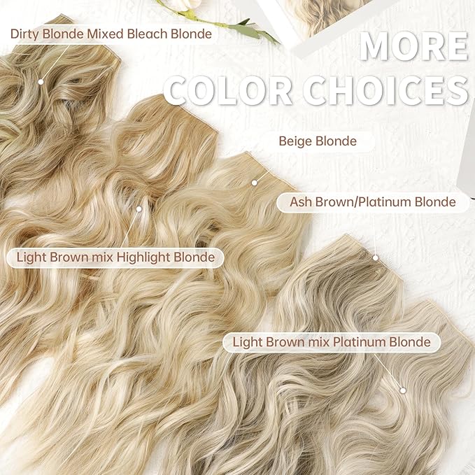 KooKaStyle Invisible Wire Hair Extensions with Transparent Headband Adjustable Size 4 Secure Clips Long Wavy Secret Wire Hairpiece 20 Inch for Women (20 Inch, Light Brown mix Platinum Blonde)