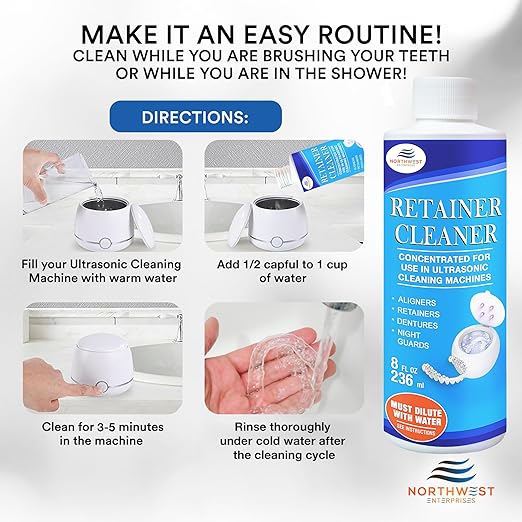 Ultrasonic Retainer Cleaner Solution Concentrate - Ultrasonic Denture Cleaner for Ultrasonic Machines - Cleans Mouthguards, Invisalign, and Nightguards - Odor, Stain and Discoloration Remover (16 oz)