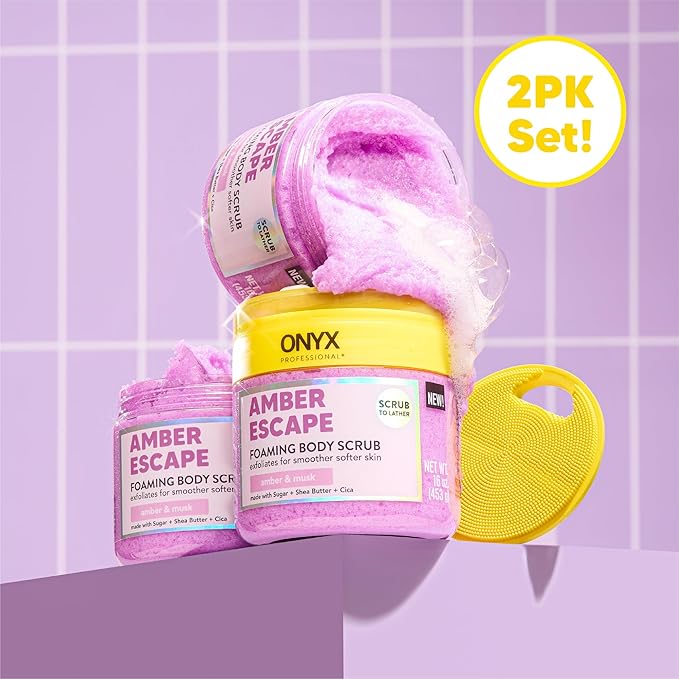 Onyx Professional Foaming Body Scrub With Brush, Amber Escape, 16oz, 2pk - Sugar Scrub Made with Sugar, Shea Butter and Cica, Includes Built-in Scrubber