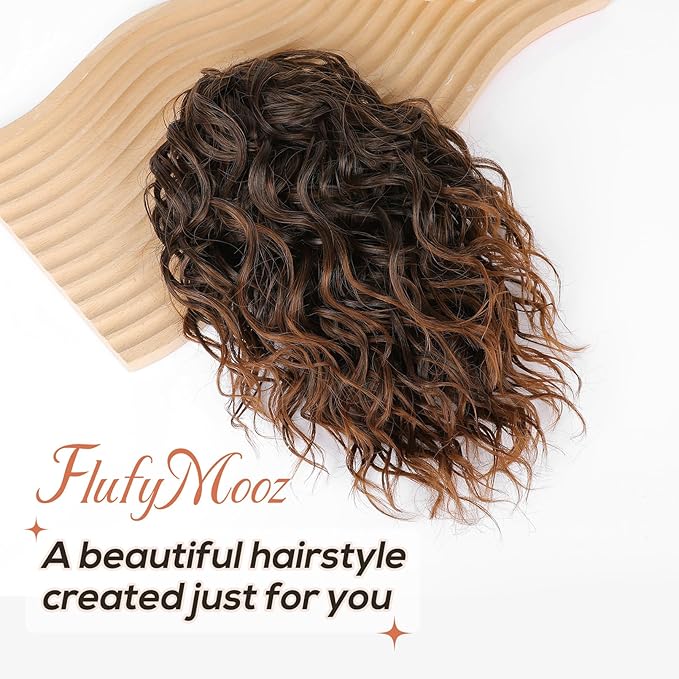 Flufymooz Ponytail Extension, 12" Short Claw Ponytail Extension Wavy Curly Jaw Clip in Pony tails Hair Extension Natural Synthetic Hairpiece for Women (Almond brown)