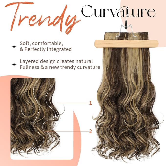 Kookastyle Clip in Hair Extensions 4 pcs Natural Long Synthetic Curly Hairpieces Layered Soft Invisible for Women Balayage Medium Brown to Golden Blonde 20 Inch