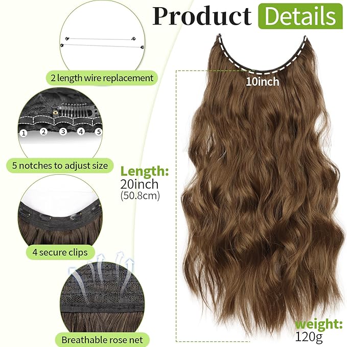 KooKaStyle Invisible Wire Hair Extensions with Transparent Wire Headband Adjustable Size 4 Secure Clips Long Wavy Hairpiece 20 Inch COCOA# for Women