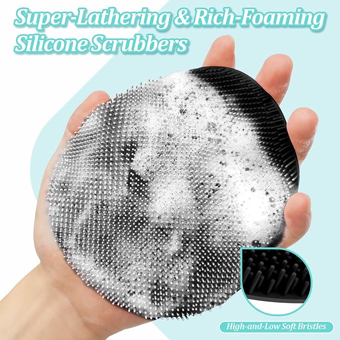 Silicone Back/Face Scrubber & Bath Glove Set 3PCS, Extendable Back Scrubber with Dual-Side Large Head, 360° Anti-Slip Bath Glove, Unique Side-bristle Face Scrubber for All-round Cleaning(Black)