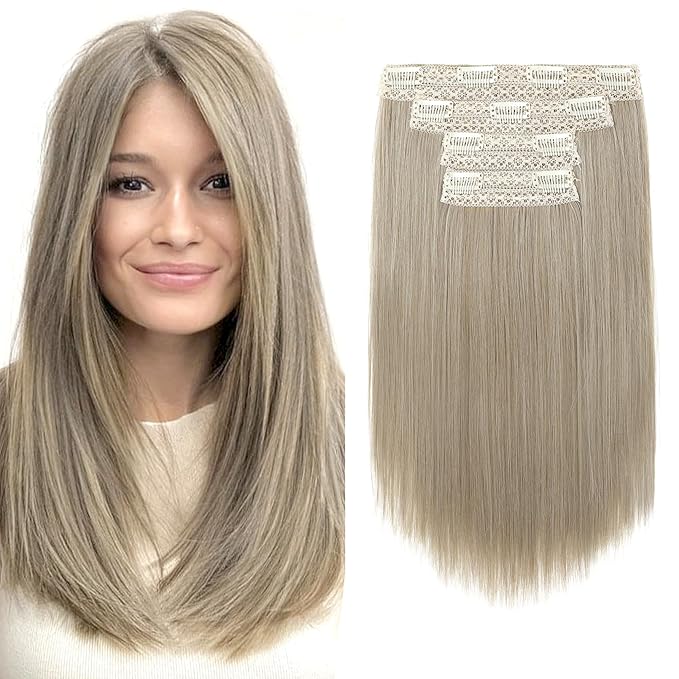 Hair Extensions, 14" Short Clip in Hair Extensions 4PCS Straight Natural Soft Synthetic Hairpiece for Women - Ash Brown with Highlights