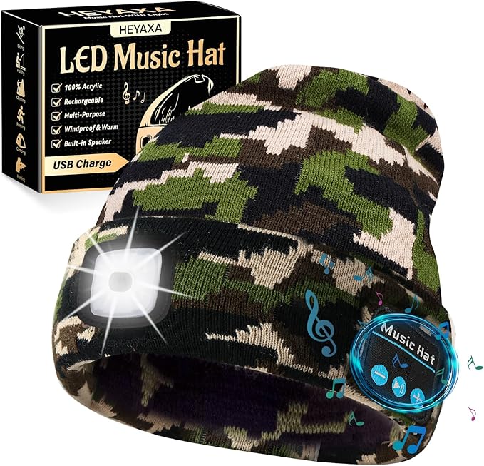Bluetooth Beanie Hat, USB Rechargeable 4 LED Wireless Music Running Headlamp Cap, Gifts for Christmas, Stocking Stuffer & White Elephant Gifts for Men, Women, Him, Her