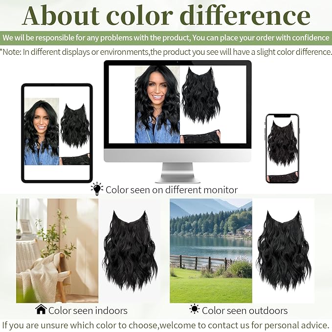 KooKaStyle Invisible Wire Hair Extensions with Transparent Headband Adjustable Size 4 Secure Clips Long Wavy Secret Wire Synthetic Hairpiece for Women (12 Inch, Black)