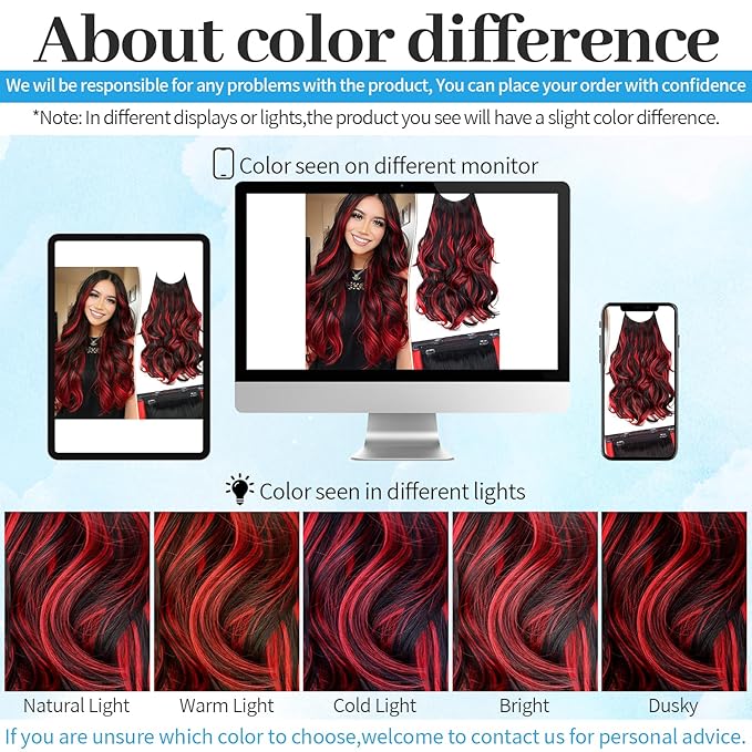KooKaStyle Invisible Wire Hair Extensions 20"Long Wavy Layered Synthetic Clip in with Adjustable Size 6 Secure Clips Black with Red Highlights Thick Hairpieces for Women 20 Inch
