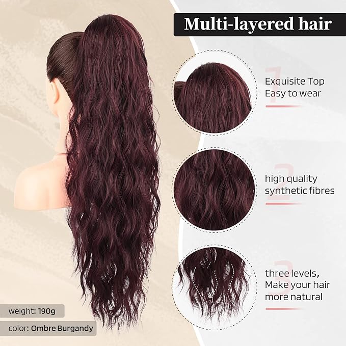 Flufymooz Ponytail Extension, 26 Inch Drawstring Ponytail Hair Extensions for Women， Long Curly Wavy Pony Tail Natural Wavy Synthetic Hairpiece for Women Daily Use party (26 inch, Ombre Burgundy)