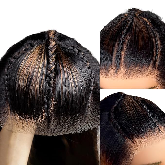 AMIRTY 250% Density Ready to Go 9x6 Glueless Braided Wigs for Black Women Bleached Knots Ombre Brown Straight Wigs Human Hair Wear and Go Glueless Wigs 26 Inch