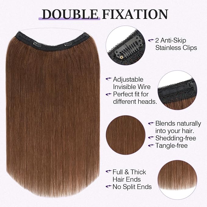Halo Hair Extensions Real Human Hair,Halo Hair Extension 100% Human Hair, Wire Hair Extensions,Straight 04 Medium Brown 18inch/65g