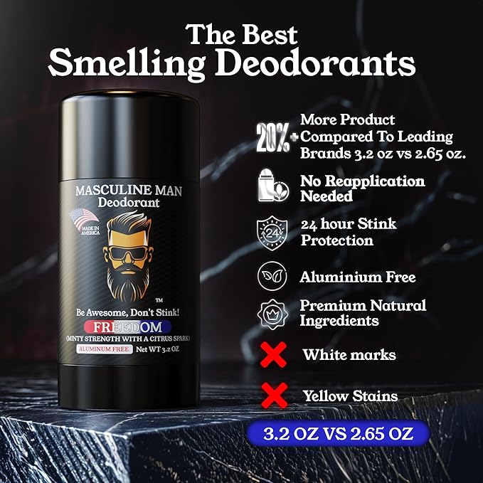 Deodorant for Men - Aluminum Free Mens Deodorant - Travel Size Natural Deodorants - Sweat Protection for Underarm - Stain-Free Stick Deodorants - Made in USA, 3.2oz (Pack of 2, Freedom)