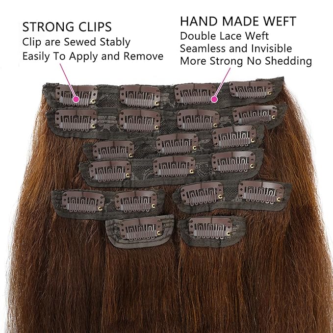 18 Inch Brown Kinky Straight Clip in Hair Extensions Real Human Hair for Black Women Yaki Straight Clip ins unprocessed Brazilian Remy Human Hair Extensions Yaki clip ins hari extensions double weft