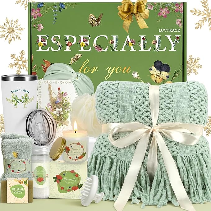Self Care Giftst for Women 11 in 1 Spa Gift Baske Box with Blanket, Candle, Bath Salt & Tumbler — Birthday, Get Well Soon, Thinking of You, Christmas Gifts (Turquoise-11 in 1)