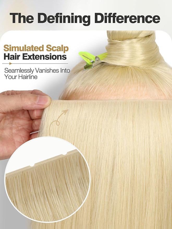 Twin Tab Butterfly Genius Weft Human Hair Extensions Latest Double Invisible Real 100% Remy Human Hair Weft with Micro Bead Simulated Scalp Hair Extensions 100g 7ps 18 Inch White Blonde