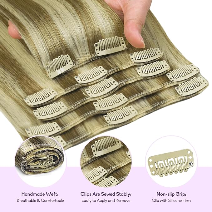 Blonde Clip in Hair Extensions Real Human Hair 8pcs Per Set with Double Weft 100% Seamless Blonde Hair Extensions for Women #8p613 Mixed Bleach Blonde 20inch 105g/3.7oz