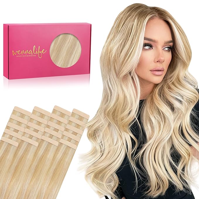 WENNALIFE Tape in Hair Extensions Human Hair, 20pcs 50g 14 inch Dirty Blonde Highlighted Bleach Blonde Remy Hair Extensions Straight Human Hair Tape in Extensions Skin Weft Extensions Hair