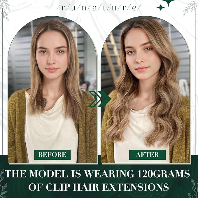 RUNATURE Blonde Clip in Hair Extensions, Real Human Hair Clip in Extensions, Remy Hair Extensions Clip Ins, Add Hair Volume, 14 Inch 50g 3pcs #10P16 Dark Blonde Highlight Caramel Blonde