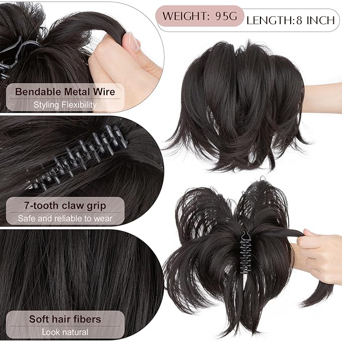 Claw Clip Short Ponytail Hair Extensions Messy Bun Hair Piece Pony Tails Hair Extensions with Bendable Metal Wire Hair Pieces DIY Style 8 Inch 4A Jet Black