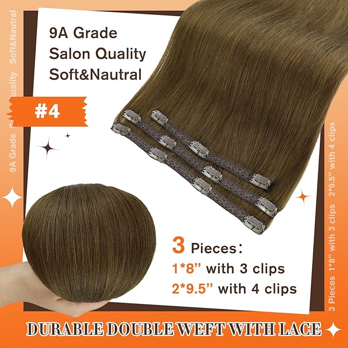 Full Shine Brown Clip in Hair Extensions Color 4 Chocolate Brown Seamless Clip in Hair Extensions Human Hair Straight Natural Hair Invisible Hair Extension Lace Weft 14 Inch 3 PCS 60 G